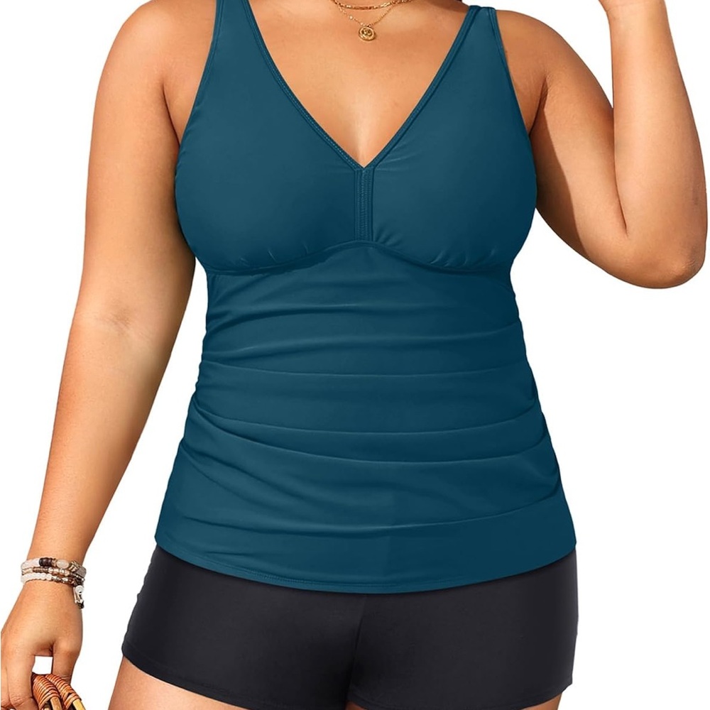 Younique Teal and Black V-Neck Tankini Swimwear